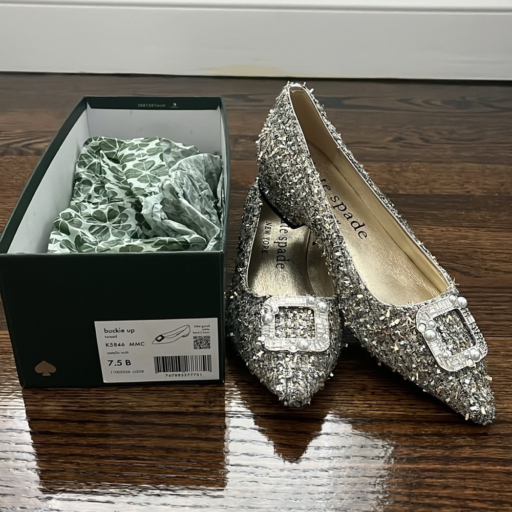Kate Spade Buckle Up Metallic Tweed Flat